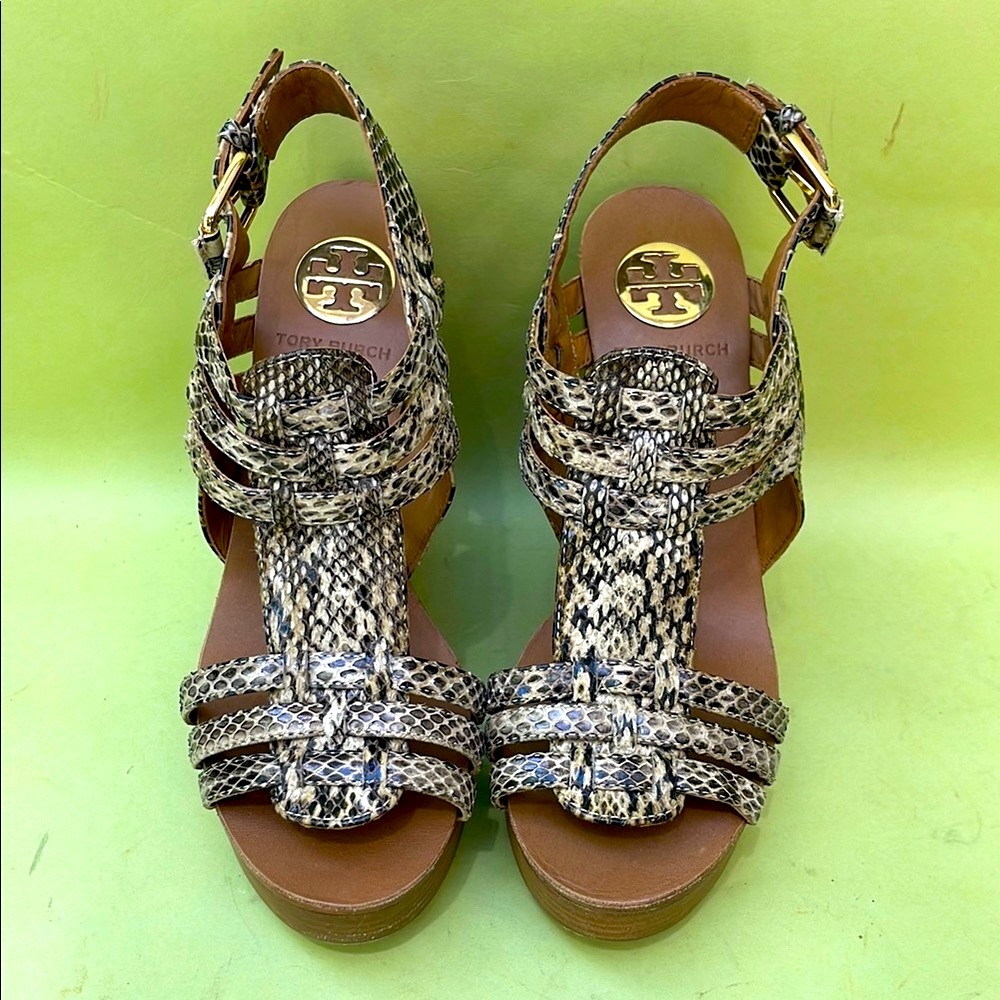 Tory Burch Snake Skin And Leather with Braided Straps Wedges and Gold Hardware